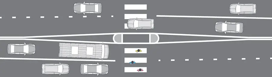 Road narrowing in front of crosswalks makes you automatically slow down. Image credits: varlamov.ru